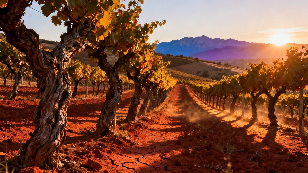 Viñedo de tempranillo en Rioja con colinas españolas