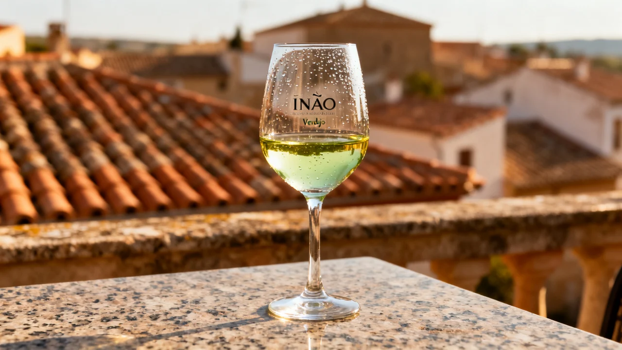 Copa INAO llena de Verdejo de Rueda de color oro verde pálido sobre mesa de granito