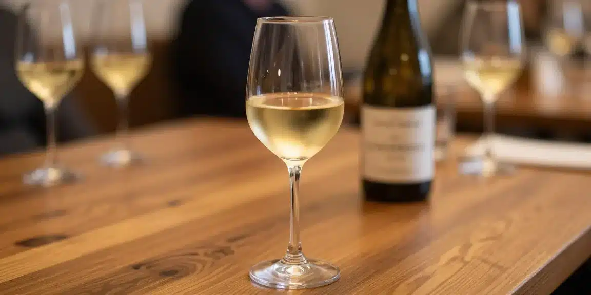Ilustración de una copa de vino blanco dorado
